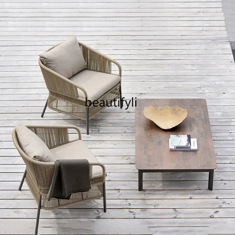 Nordic Outdoor Sofa Courtyard Villa Open-Air Garden Woven Rope Rattan Chair Creative Rattan Furniture