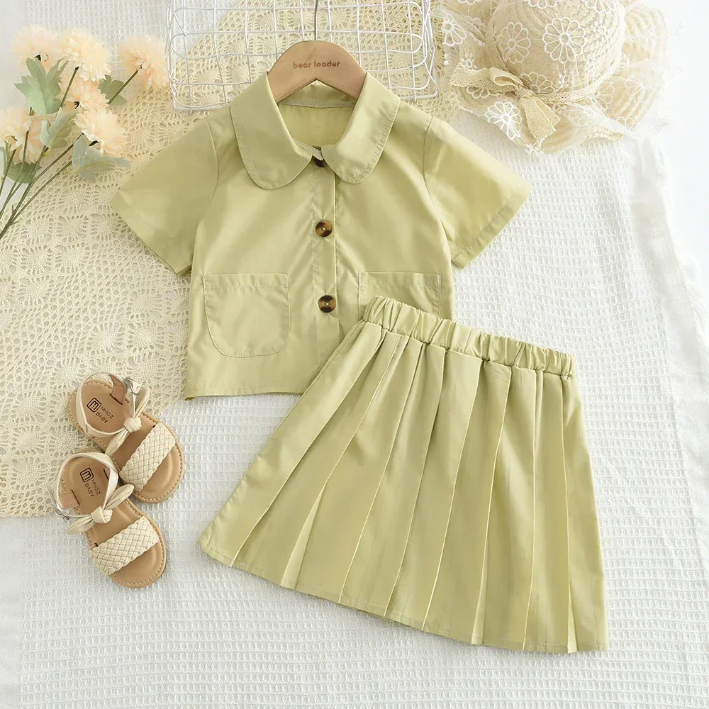 Summer Children's Suit Baby Girl Clothing Solid Color Single-breasted Lapel Short-sleeved Top + Skirt Two-piece Children's Suit