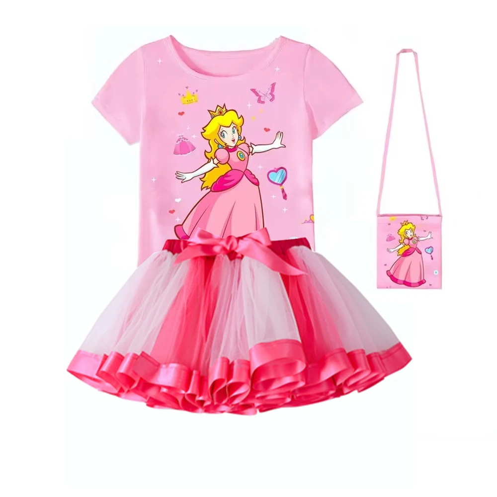 Girls Peach Princess Tutu Skirt Set Pink Clothes T-shirt+Skirt+Bag 3pcs Suit Super Bro Children Cosplay Costume Party Birthday