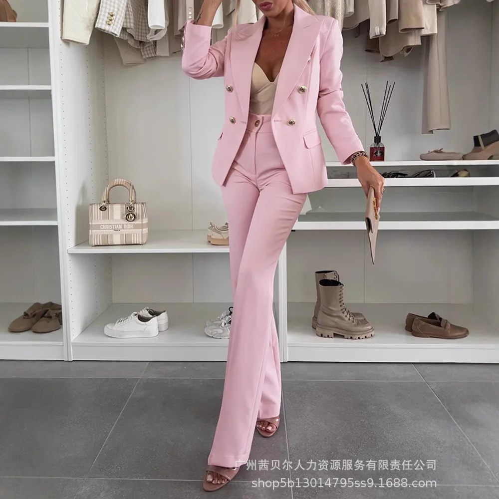 

2 Pieces Outfit Notched Collar Double-Breasted Flap Detail Coat Zipper Fly Back Waist Slim Fit Flared Pants Set Blazer Set