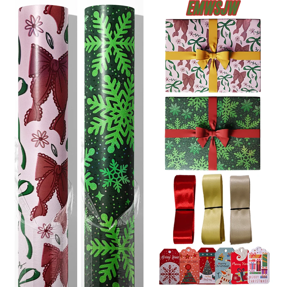 

17inchx120inch Christmas Wrapping Paper Roll Gift Aluminum Paper Retro Snow Flower Gift Wrapping Paper Box Packaging with Ribbon
