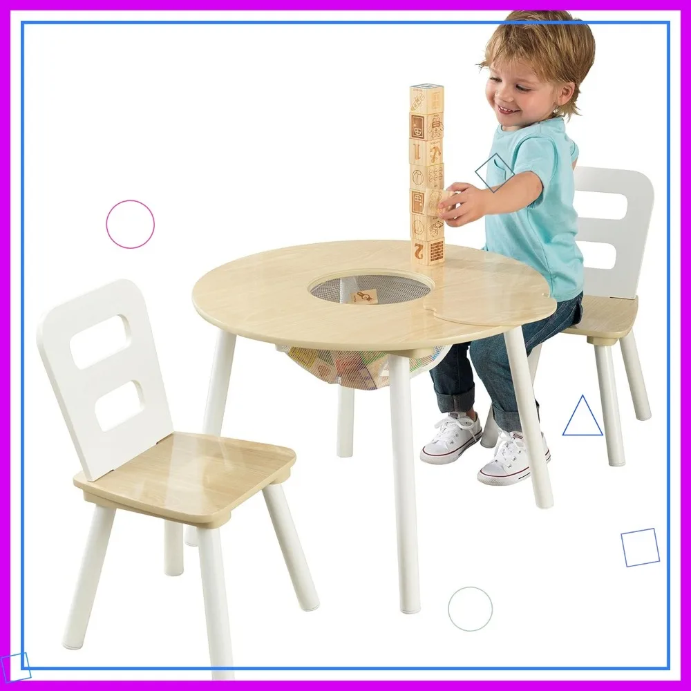 Wooden Kids Table & 2 Chairs Set with Storage Bag, Natural White Color, Perfect for Ages 3-6 Playroom