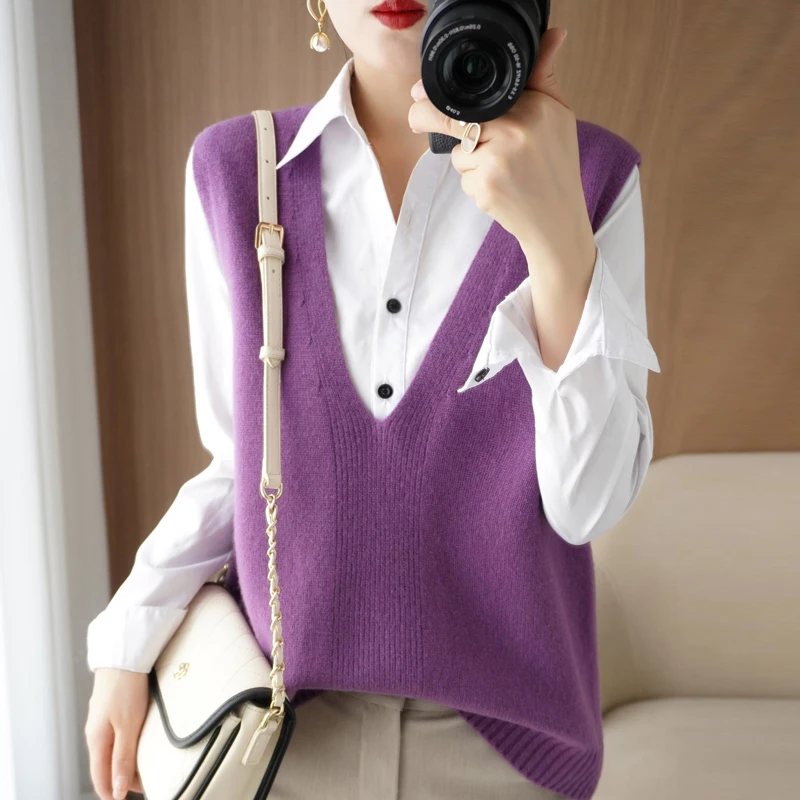 Autumn And Winter Knitted Pullover Vest Loose Big V-Neck Fashion All-Match Solid Color Outer Wear Sexy Regular Women's Sweater