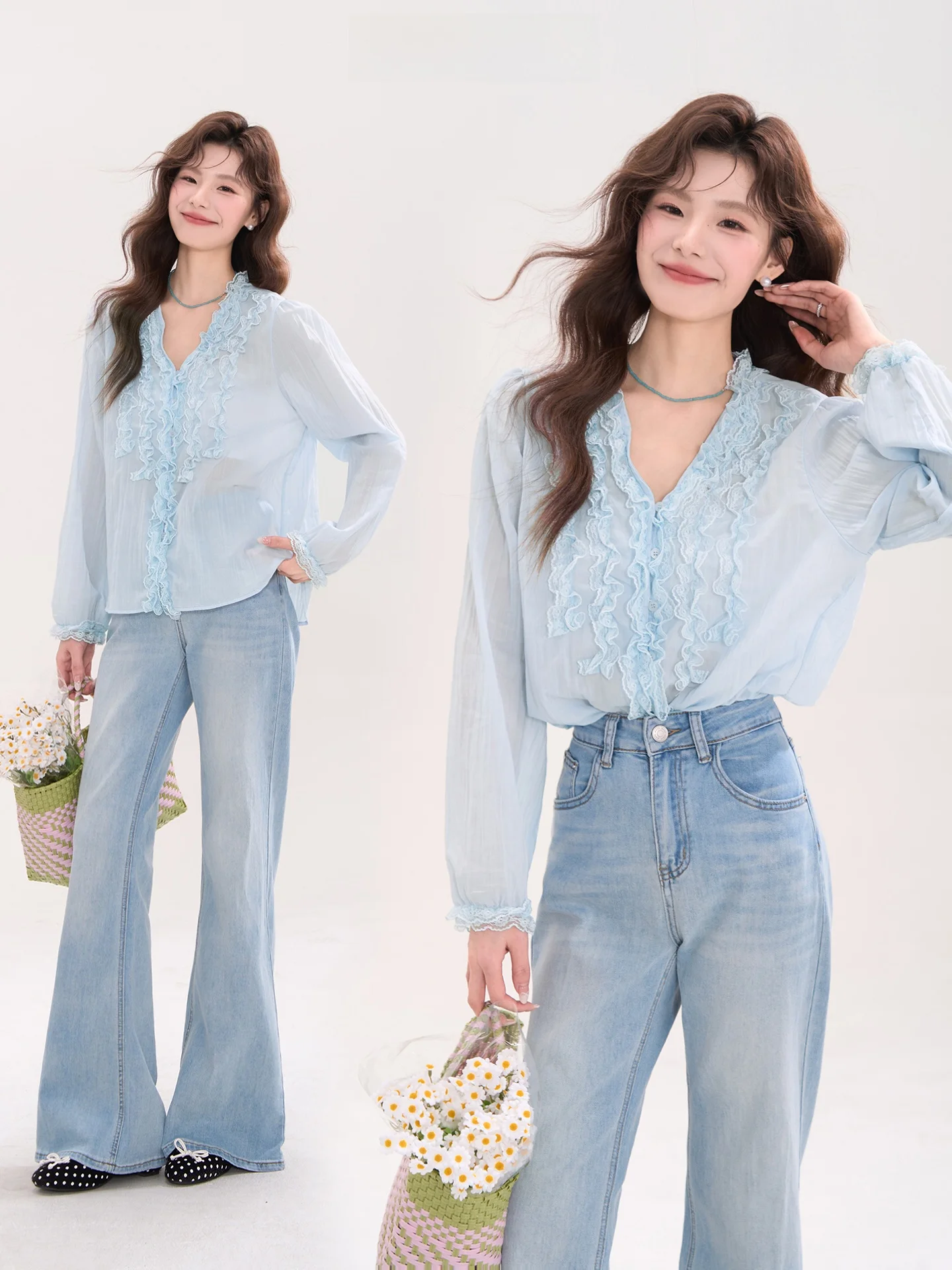 

Романтическая кружевная женская блузка с длинным рукавом и V-образным вырезом, с цветочным декором, универсальная, из смесового хлопка, свободного кроя, весна 2026