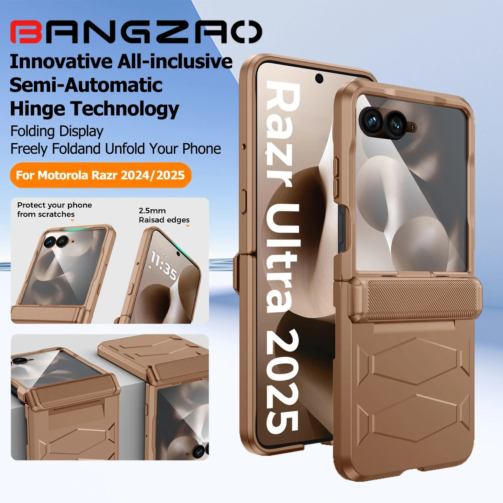 

Бронированный чехол для Motorola Razr 2024/2025, с шарнирною крышкой, встроенная защитная пленка для экрана, противоударный универсальный чехол для телефона, золотой