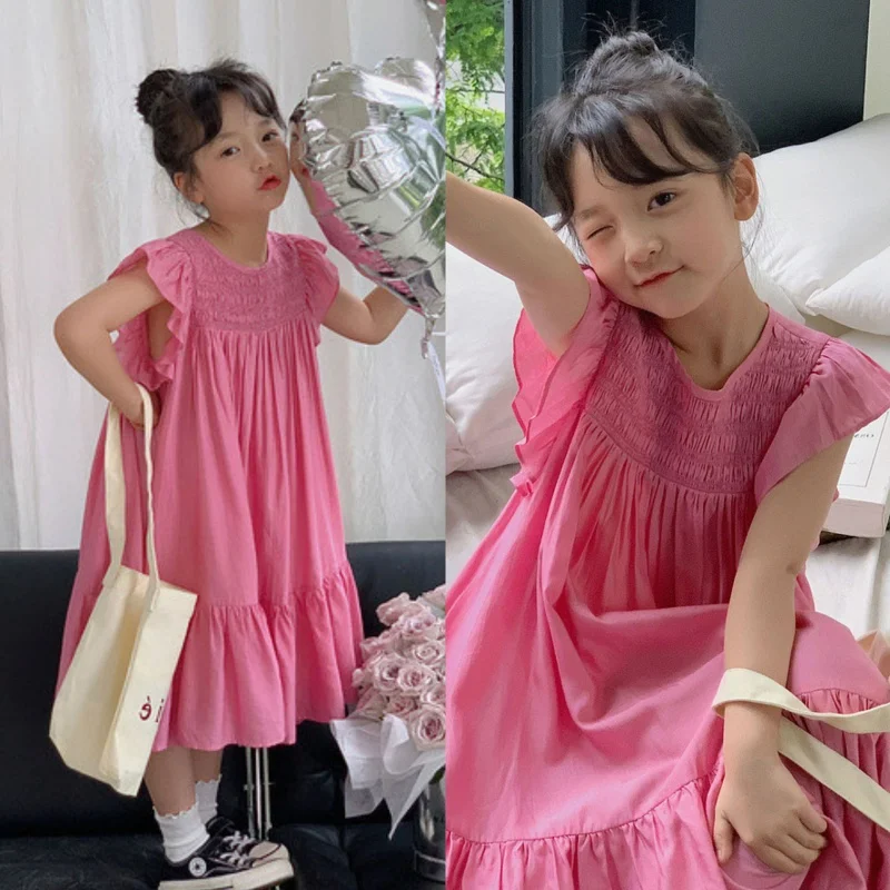 Girls Flounced Sleeve Dress Summer Children's Sweet Princess Dress Children Shirt3-8One-Piece Delivery for Children's Clothing