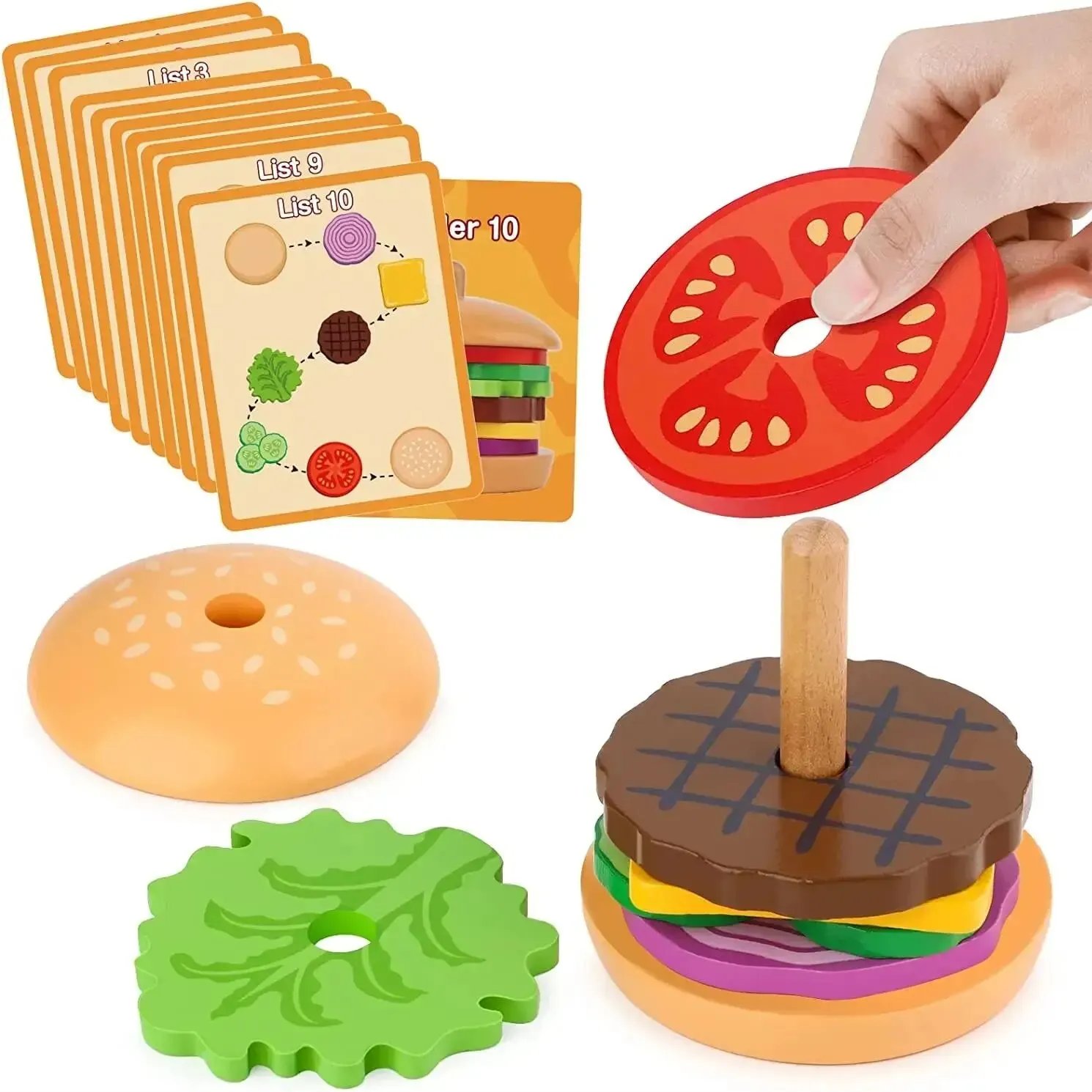 Wooden Hamburger Stacking Toys Montessori Kid Preschool Educational Toy Color Shape Cognition Matching Kitchen Toys For Children