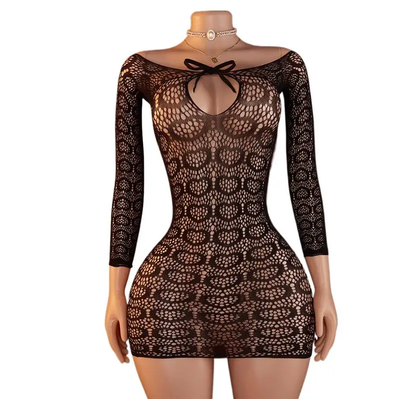 

Hollow Out Sexy Women Backless Long Sleeves ​Lingerie See Through Erotic Fishnet Babydolls Bodysuit Temptation Dress Costumes