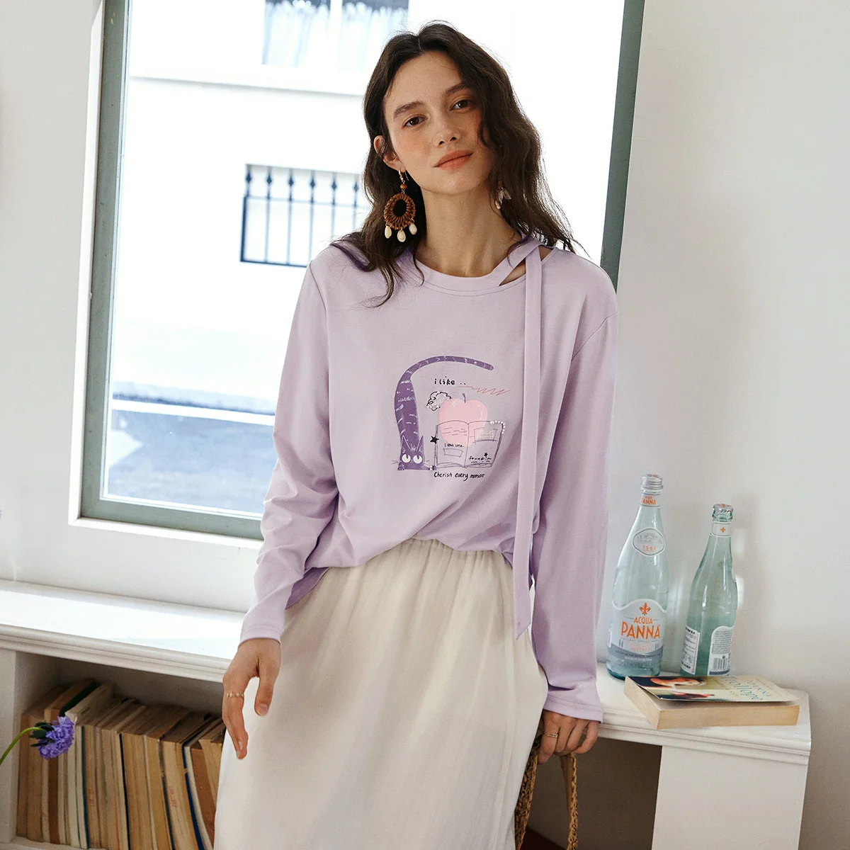 OLrain 2026 Spring New Women's Purple Cat Print Handmade Beaded Ribbon Long Sleeve T-Shirt Casual Top O58CT003229