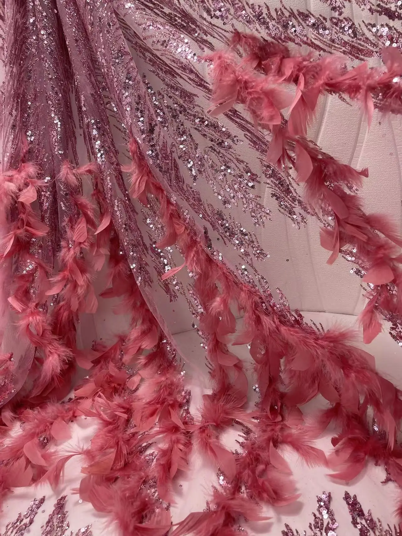 New Exquisite 3D Handmade Feather Lace, Beautiful Sequins Atmospheric Pattern Graphics, French Tulle Lace, Ladies Dress Skirt