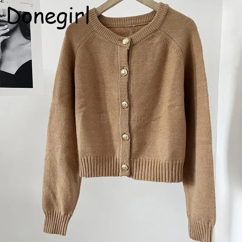 Donegirl Autumn Winter New 2024 Women Round Neck Single-breasted Solid Knitted Sweater Cardigan Simple Commute Tops Coat Chic