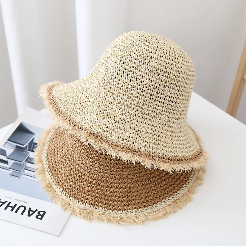 New Summer Beach Bucket Hat For Women Wide Brim Sunshade Korean Straw Hand Crochet Edge Hat For Girl Outdoor Fishing Sun Hats