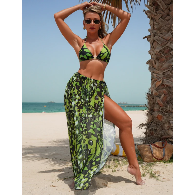 Beach Vacation 3 Piece Bikini Set Women Sexy Leopsrd Print  Swimsuit Women Split Skirts Matching Swimsuit Thong Bathing Suit
