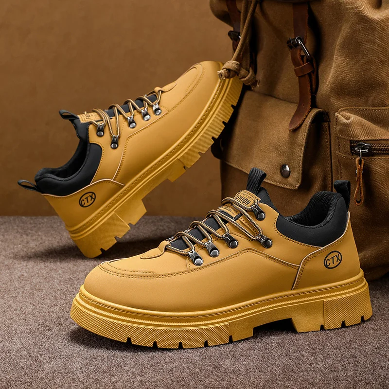 2025 الخريف الأصفر حذاء رجالي كاجوال مريح المنخفضة قطع بولي Leather الجلود الأدوات أحذية رياضية الرجال في الهواء الطلق المضادة للانزلاق أحذية عمل للرجل #1
