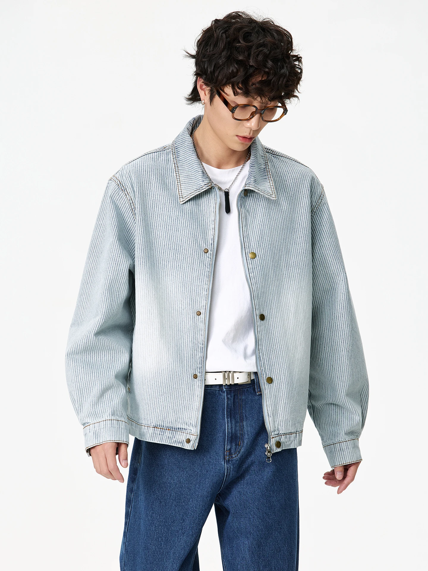 

American Retro Striped Patchwork Men's Denim Jaet Spring Sli Versatile Couple Workwear Long Sve Outerwear