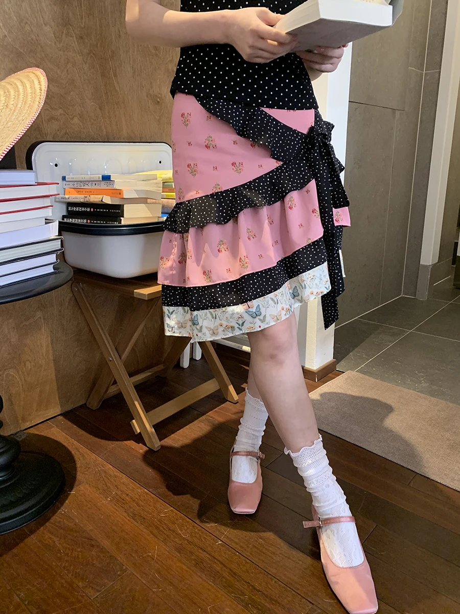 

Korobov Sweet Mori Gin Style Summer High Waist Print Bowknot Polka Dot Flower Floral Patchwork Mini skirt