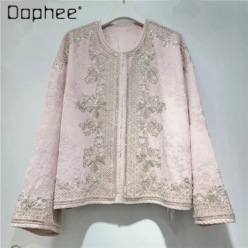 

European Station 2026 Spring New Fashion Versatile Crew Neck Heavy Industry Bead Embroidery Coat Women Loose Skinny Trend Jacket