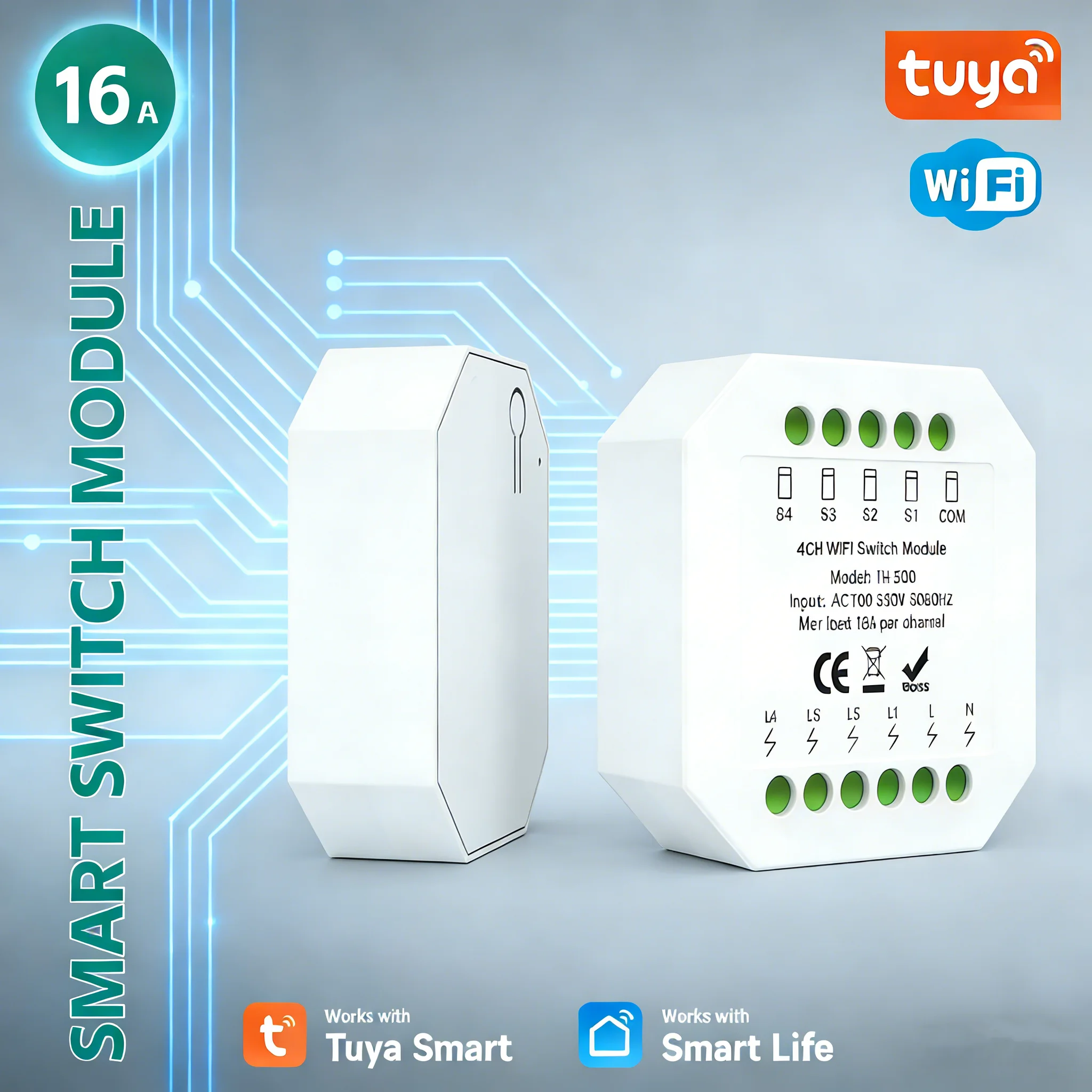 WiFi Smart Switch Module 1/2/3/4 Channel 16A - Tuya Smart Life App Control Voice Control DIY Relay for Home Automation