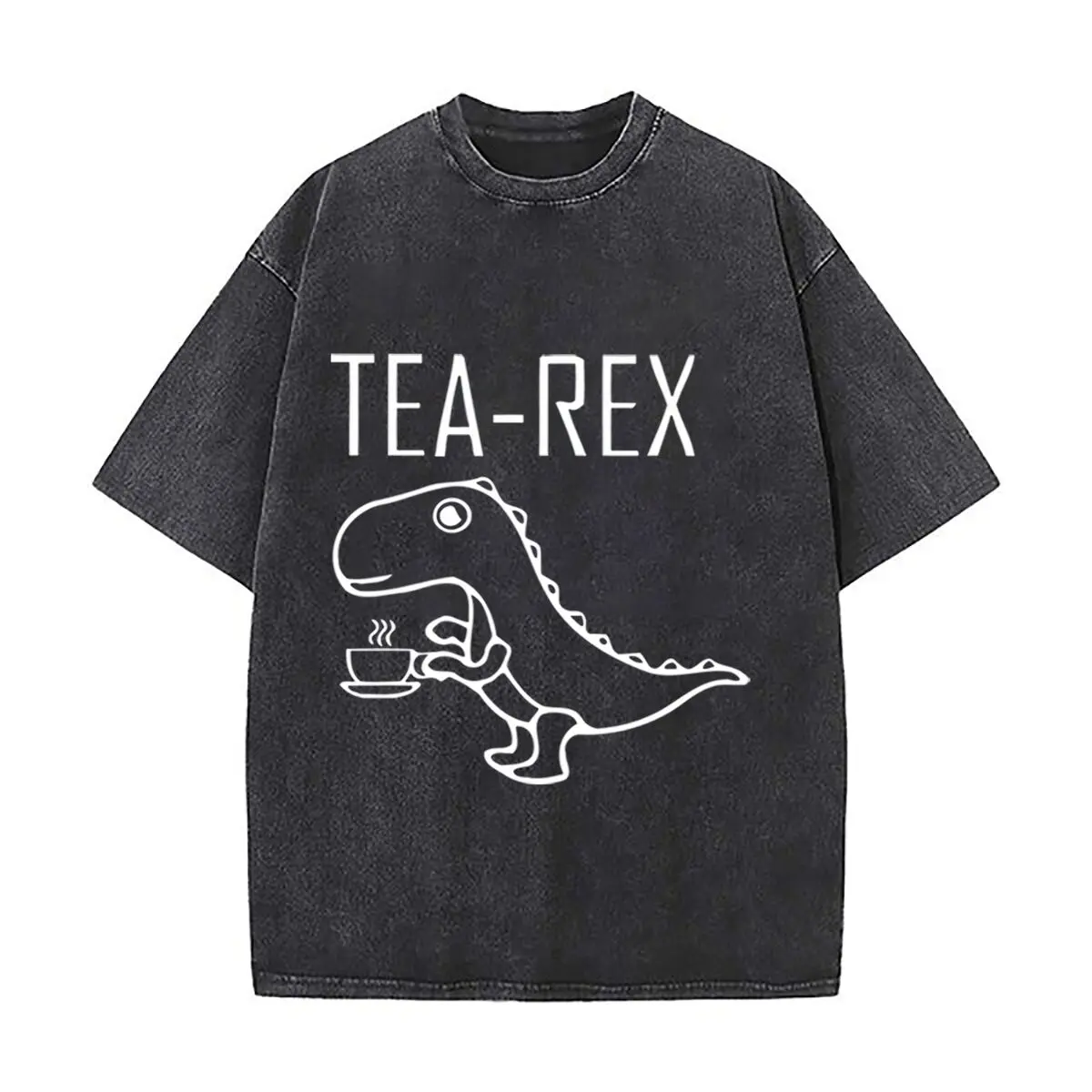 Tea Rex Dinosaur Coffee Funny Pun Art Casual Washed Distressed T Shirt Vintage Minimal Short Sleeve Top