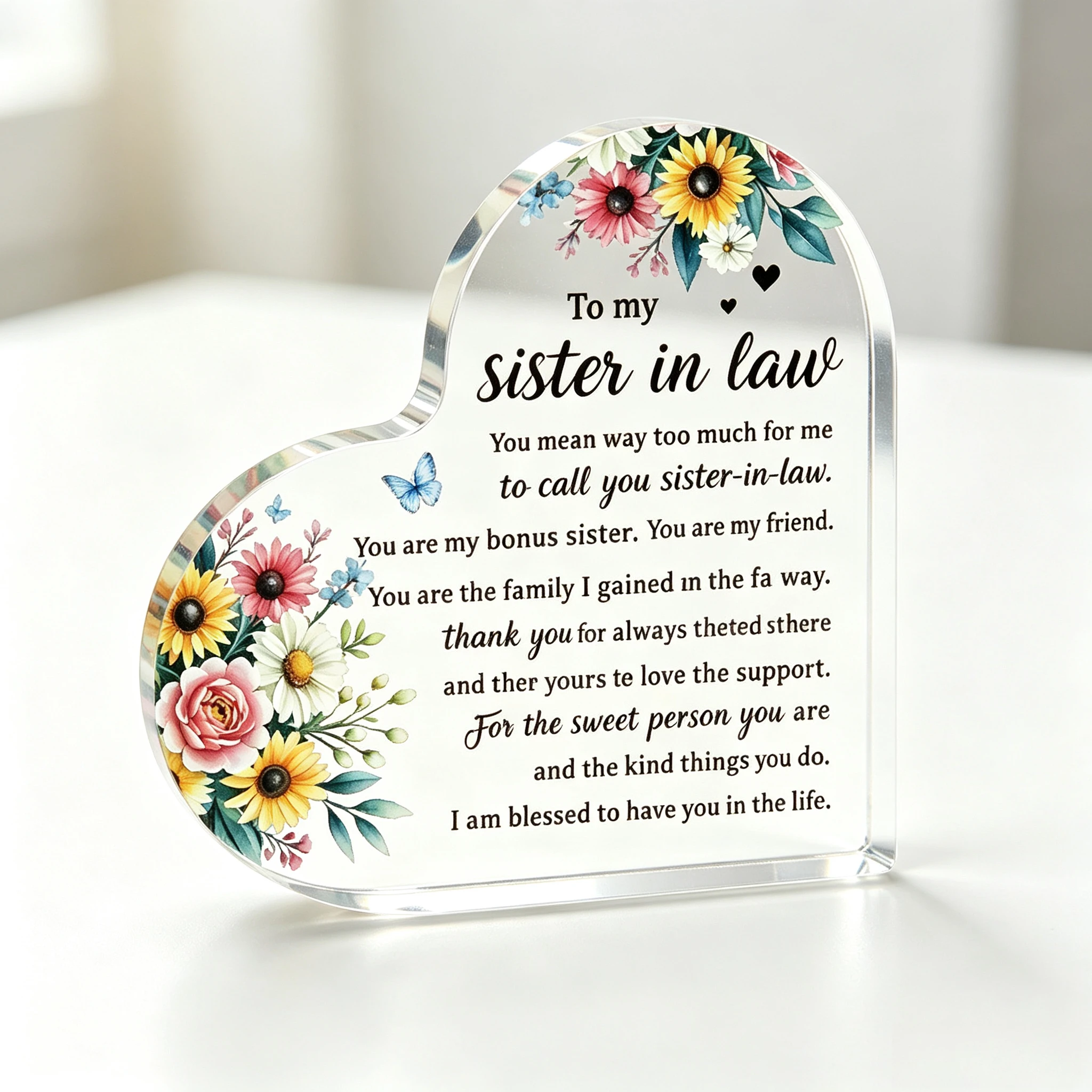 Unique Gift for Sister-in-law - Colorful Flower Pattern, Acrylic Heart Nameplate for Friendship Memorial, Beautiful Crystal Desk Decoration for Parties, Birthdays, Weddings, Christmas And New Year, Party Favors