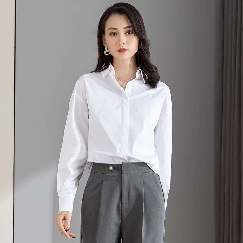 

White Cotton Long Sve irt Early Spring New 80% Cotton Women's Busin Casual Sle Thin Material Flip Collar Pure Color