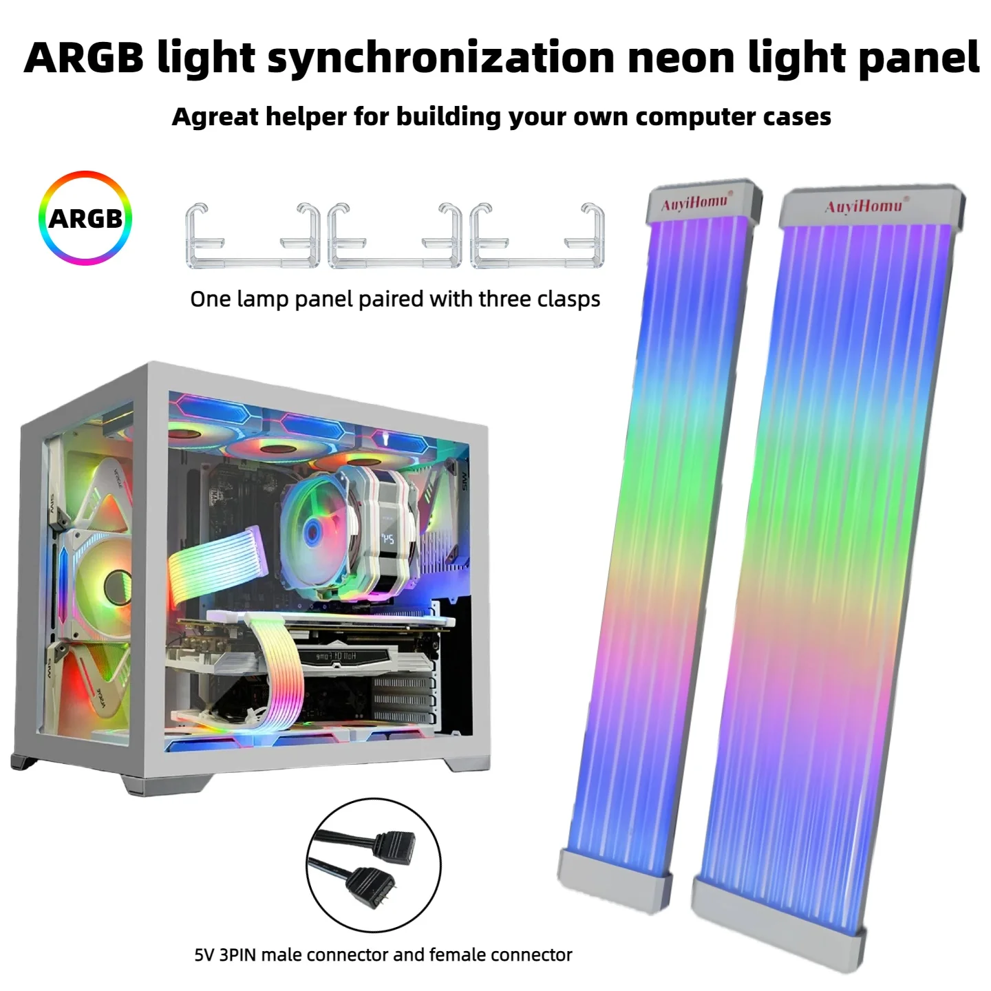 ARGB Neon Light Panel for PC Case, 5V 3Pin ARGB Sync LED Strip with Mounting Clips, DIY Computer Case Lighting Bar