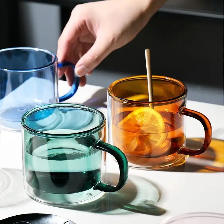 

Colored Glass Cup with Handle Double Wall Mug Coffee Milk Mug Heat-resistant and Anti-scalding Breakfast Mug