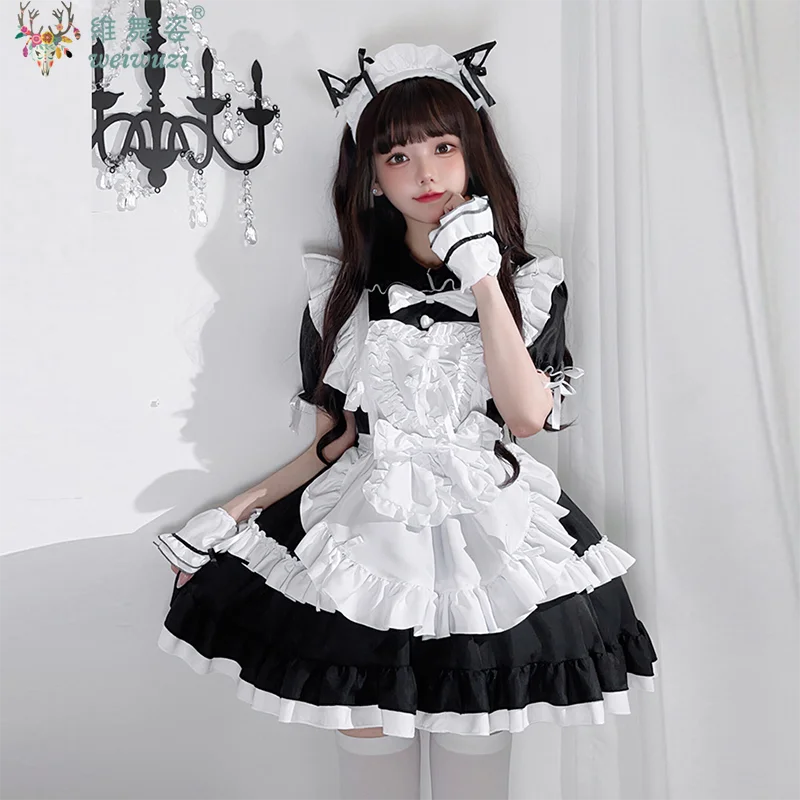

Japanese Anime Sweet Lolita Maid Sets Dark Gothic Style Halloween Black White Coffee Waitress Cosplay Uniform Women Kawaii Dress