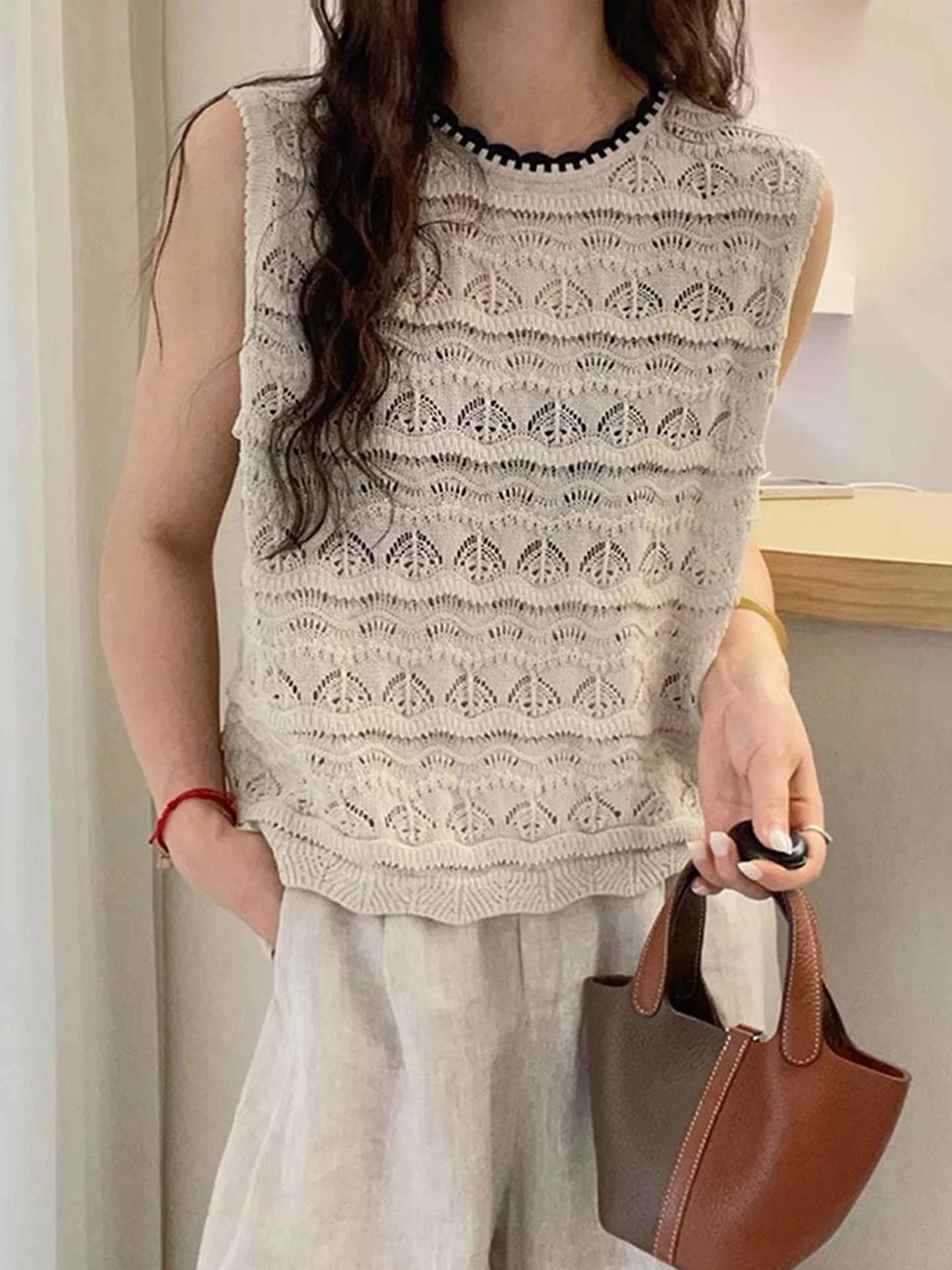 

Летний вязаный жилет с кружевными вставками и цветочным узором, облегающий, повседневный, простой, для отдыха