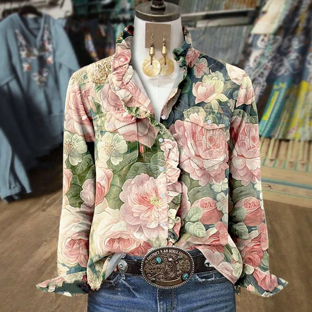 Plus Size Chic Floral Print Lotus Leaf Collar Shirt Elegant Casual Commuter Women's Shirts Single Row Buttons