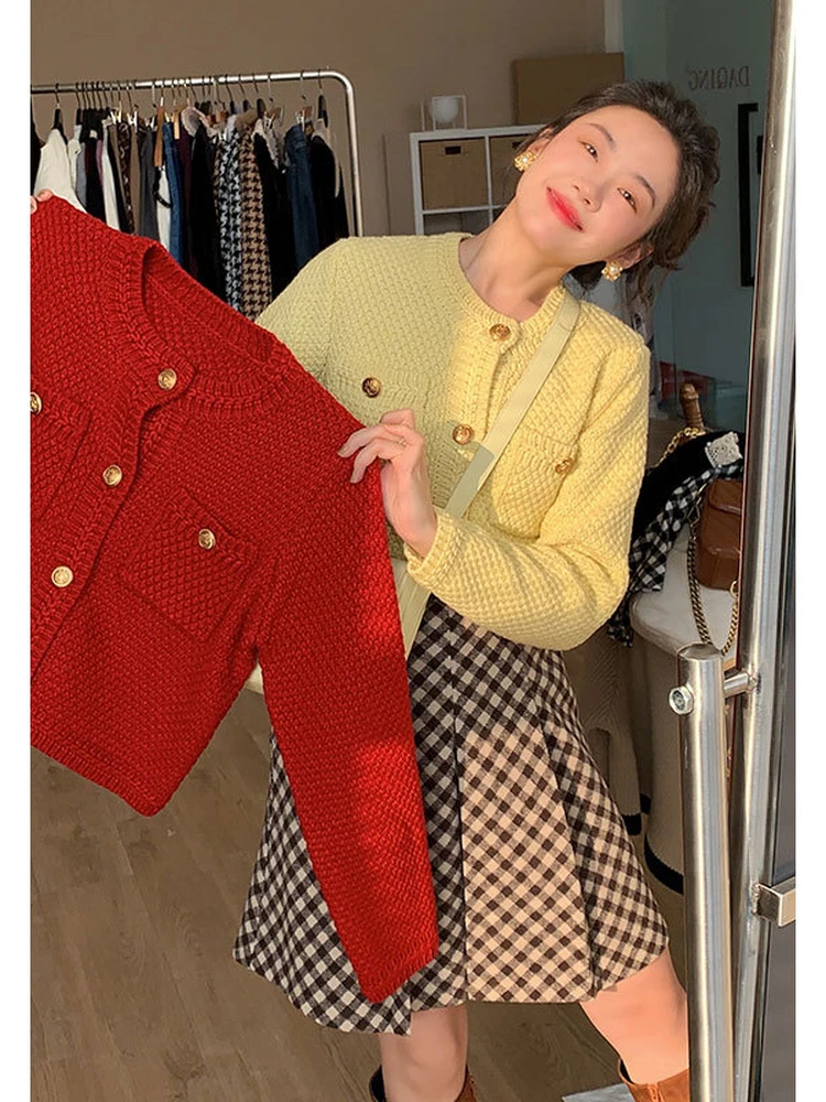 티엔드 니트 레드 라운드 네트 트위스트 스웨터 여성용 가을 겨울 신상 슬레 레이지 패션 아우터웨어 캐주얼 루즈핏 롱...