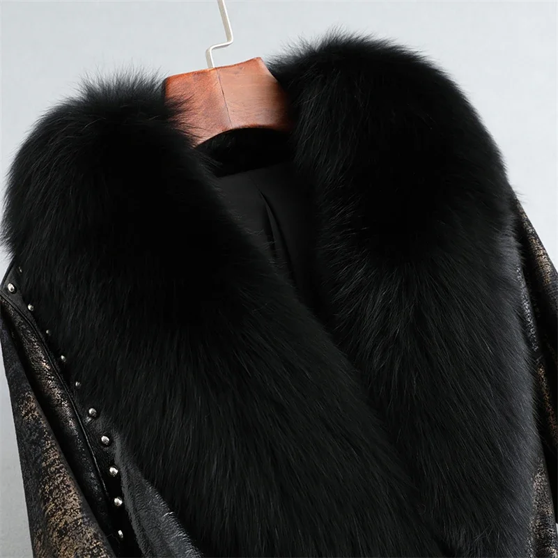 Winter Long Rabbit Fur Linging Coat Jacket Female Fox Fur Collar Coats Lady Over Size Parka Trench CT283