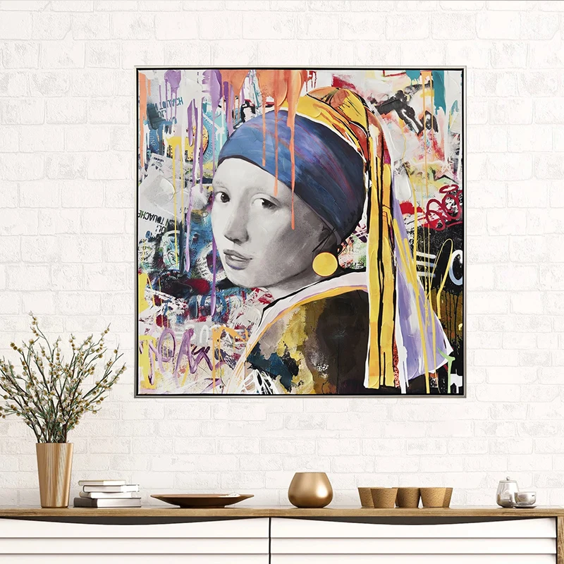 Modern Graffiti Art Famous Artist's Work A Girl with A Pearl Necklace Creative Design Portrait Poster Home deor Canvas Painting