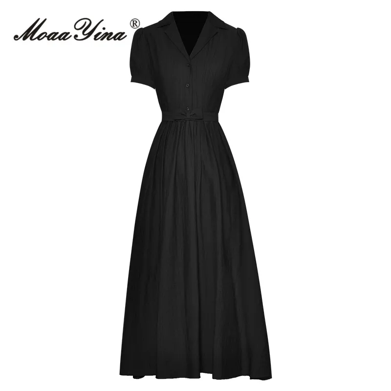 MoaaYina Summer Fashion Designer Vintage Black Dress Women's Turn-down Collar Short Sleeve Button Bow-frenulum A-LINE Long Dress