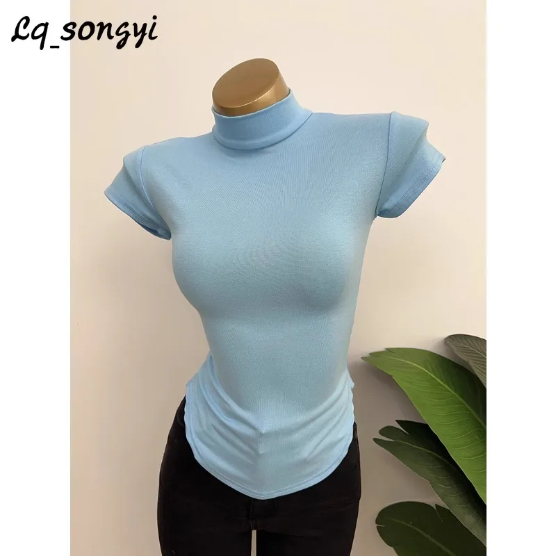 

Lq_songyi Sexy Stand Collar T Shirts Slim Fit Tops Women High Strecth Irregular Tight Top Summer Short Sleeve Solid Thin T Shirt