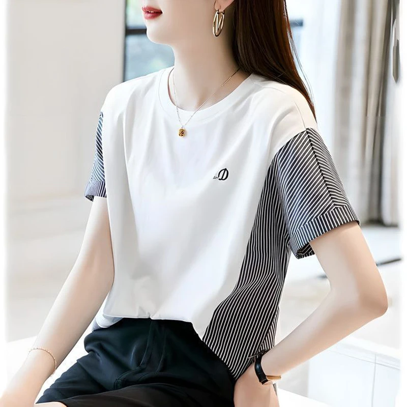 Fashion O-Neck Spliced Embroidery Striped T-Shirts Female Clothing 2024 Summer New Loose Casual Tops All-match Tee Shirt