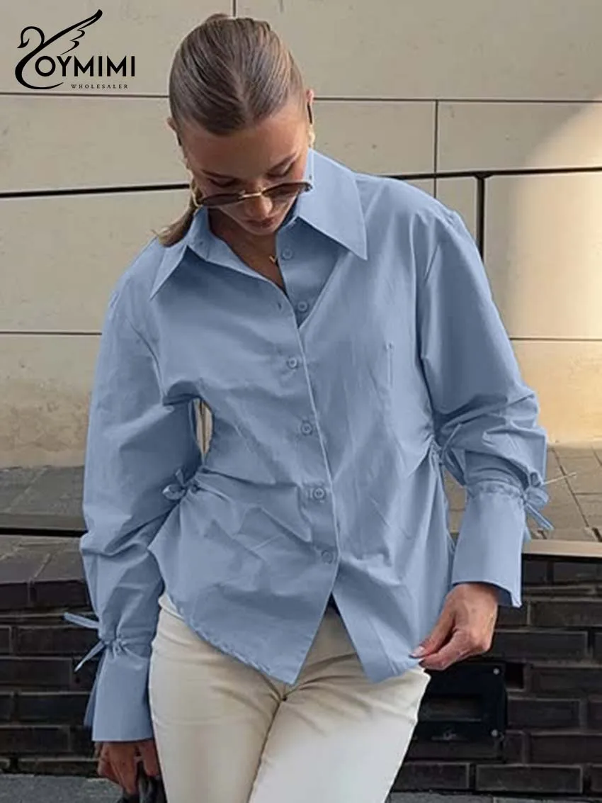 

Oymimi Summer Blue Cotton Women's Blouse Fashion Turn-Down Collar Long Sleeve Lace-Up Blouses Casual Button Solid Blouses Female