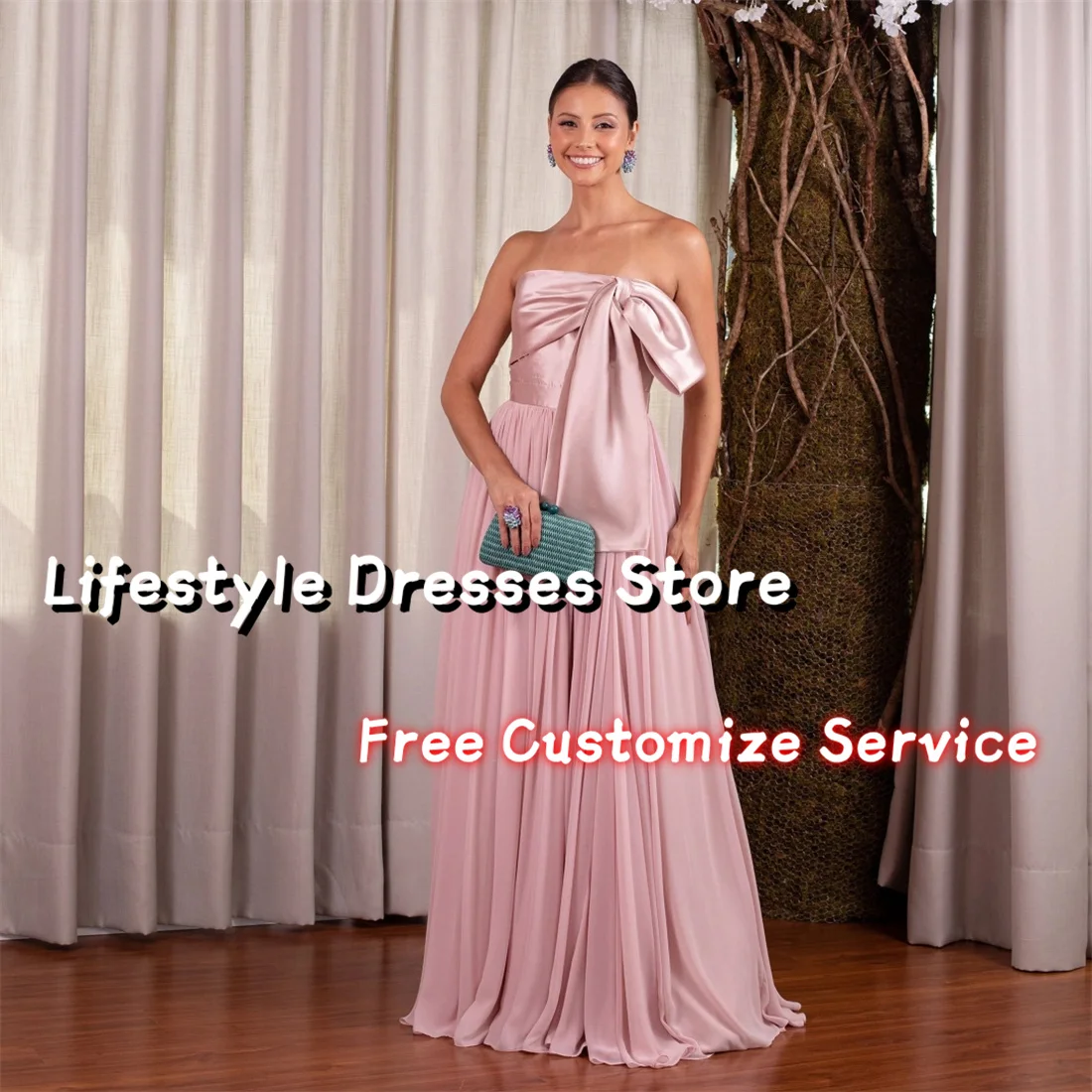 

Strapless Satin Elegant Mother Of The Bride Dress Plus Size Chiffon Draped A-Line Prom Dresses vestidos para eventos especiales