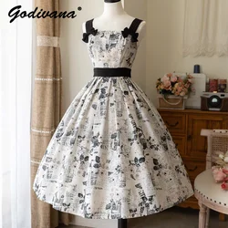 JSK Original Summer Printing CLA Dress Women's Elegant Lolita Flower Bowknot Spaghetti Strap Mid Length Dress