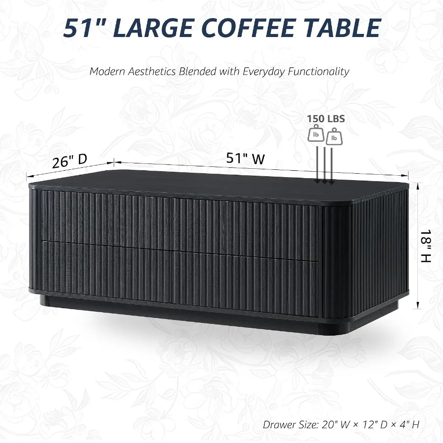 51 Fluted Coffee Table with 4 Drawers for Living Room, Solid Wood, Natural Finish, Ample Storage and Elegant Vertical Grooves