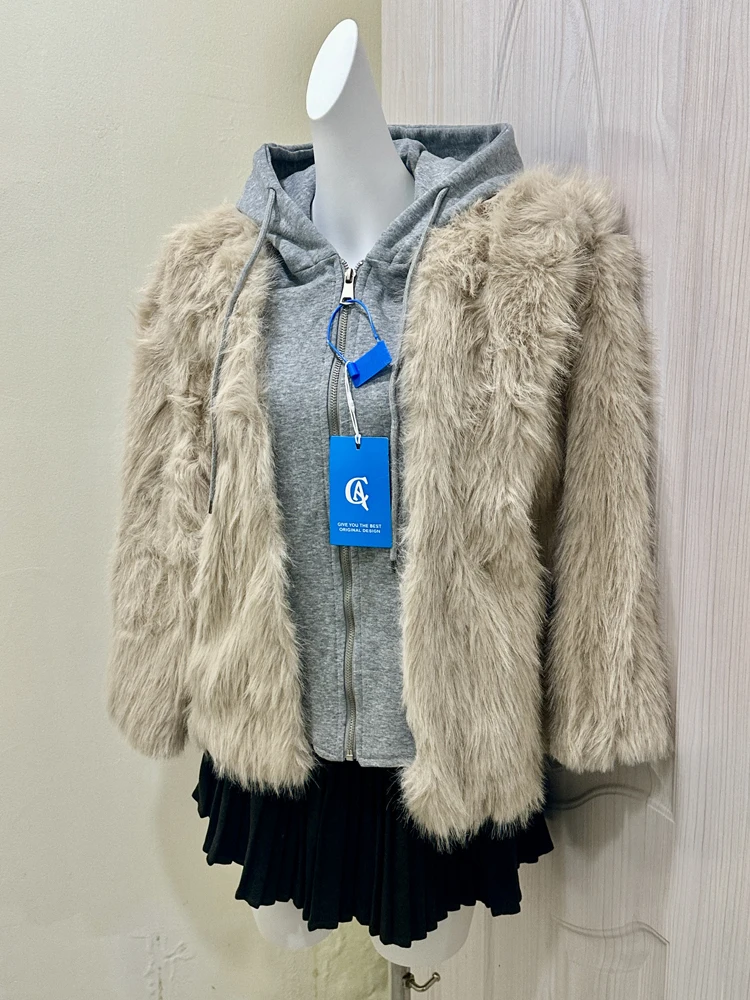 

Limited Edition Autumn Winter Hooded Patchwork Long Sve Women's Jaet Fake Two-Piece Warmth Luxury Sle Loose Fit Coat