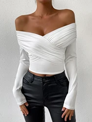 Women's Sexy Deep V-Neck Long Sleeve Small Top White Slim Fit Off Shoulder Pleated Women's Wear 2024 Autumn Winter New Style