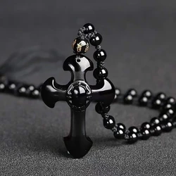 Vintage Christian Cross Obsidian Pendant Beaded Necklace Men Women Good Luck Amulet Jewelry Gift