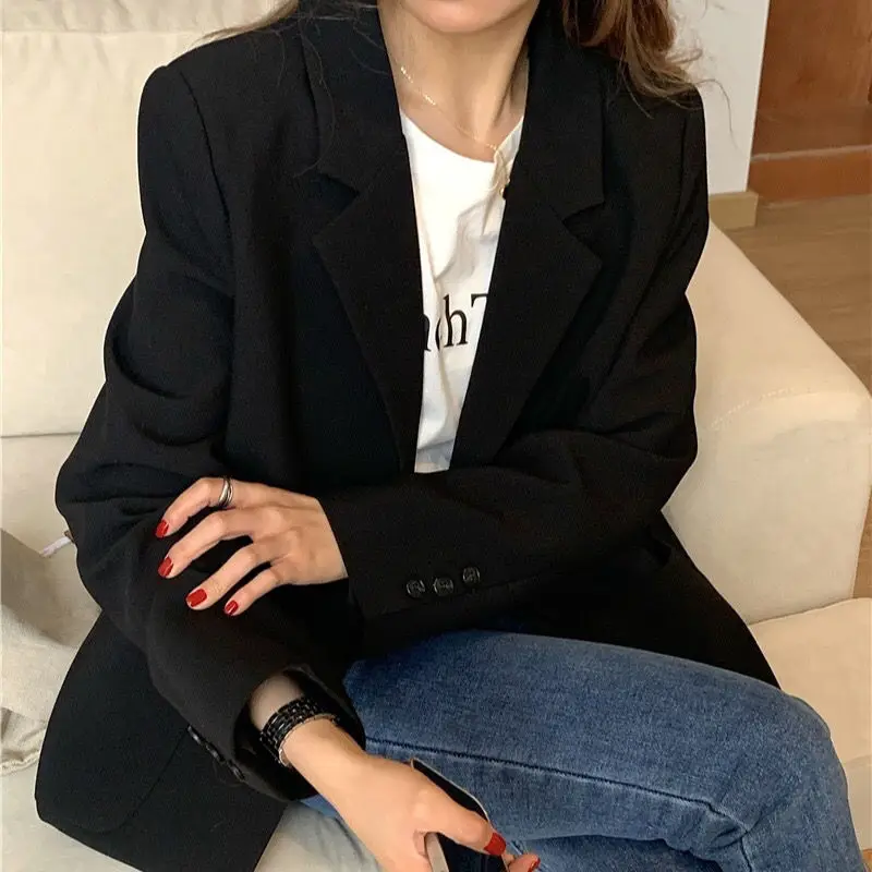 2023 Spring and Autumn Korean Edition Commuter Simple Loose Versatile Suit Collar Double Button Mid Length Solid Women's Suit