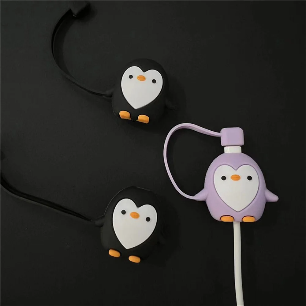 Cartoon Dust Cap Cable Protector Cute Penguin Charger Protector Cable Bite Organizer For iPhone Data Line Cord Protective Cover