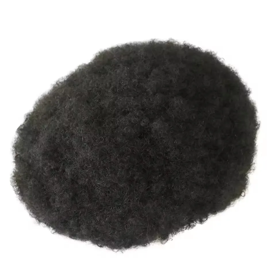 Afro-Toupet für Männer, Haarersatz aus dünnem PU-Material, 4MM krauses gelocktes Echthaar, natürliche Haareinheit, Haarteil – Detail 4