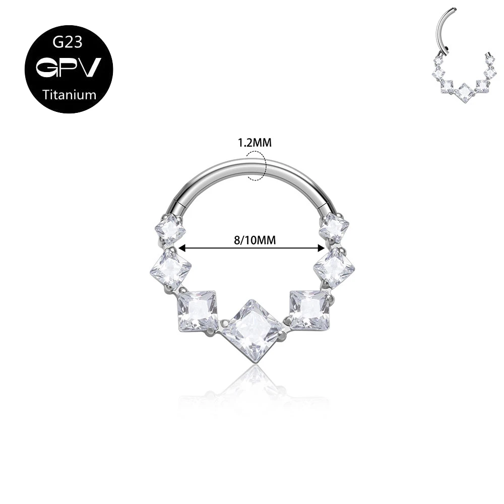 G23 F136 Titanium Nasal Diaphragm Ring Square Luxury Zircon Punk Men\'s and Women\'s Perforated Jewelry Nose Ring Earrings
