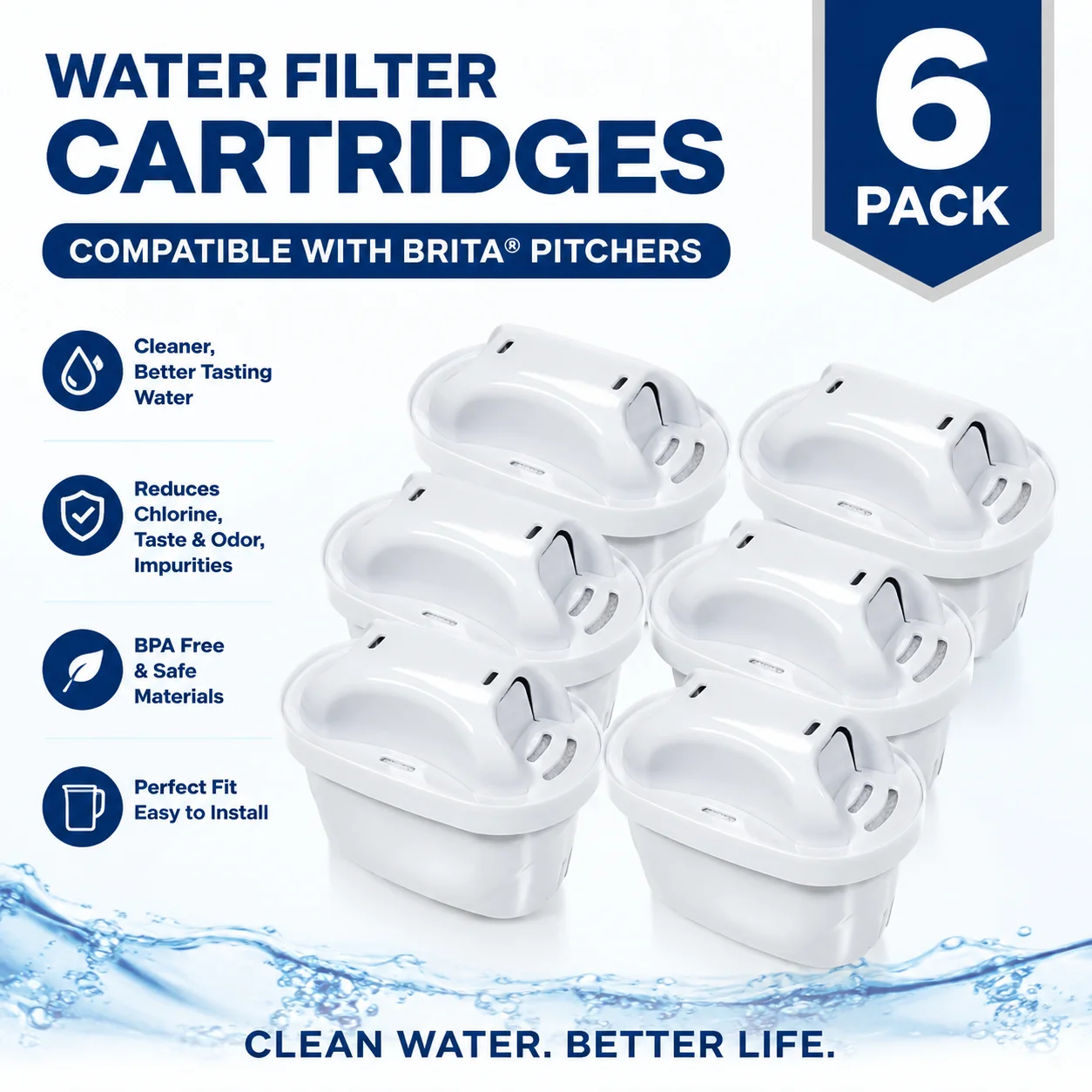 6Pack Replacement Water Filter Cartridge for Brita Maxtra+ Marella Aluna Style Water Jug Pitcher Descaling Chlorine Removal