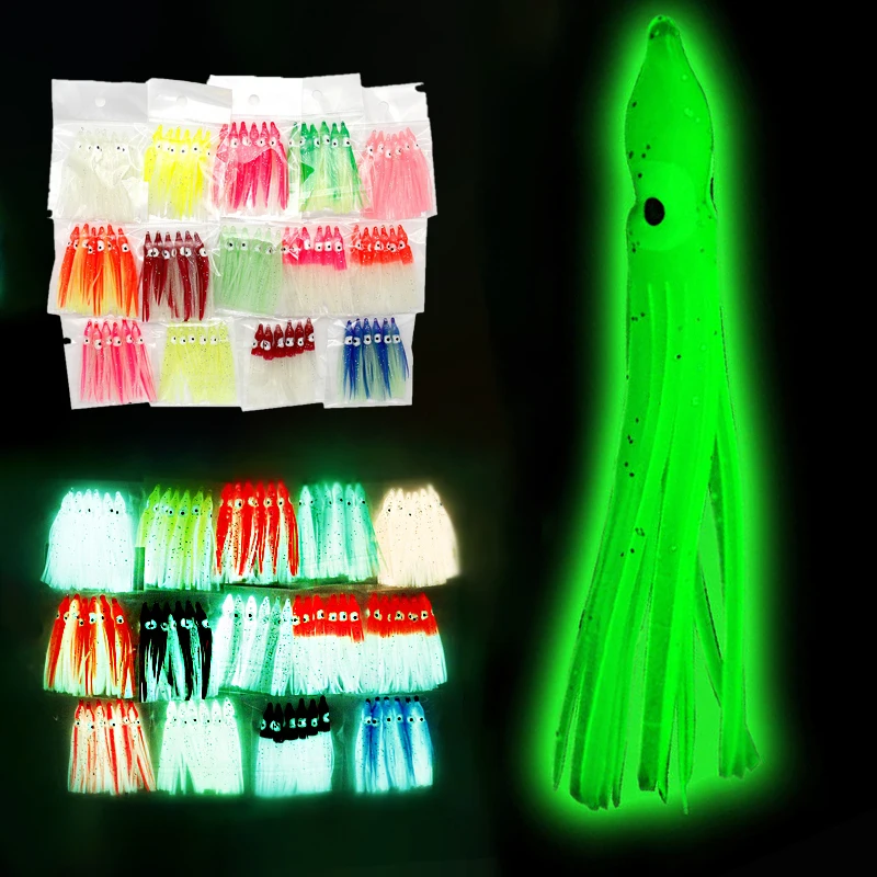 Señuelo luminoso de silicona para pesca en el mar, cebo Artificial de goma brillante, faldas de calamar, 5 piezas, 5-12cm