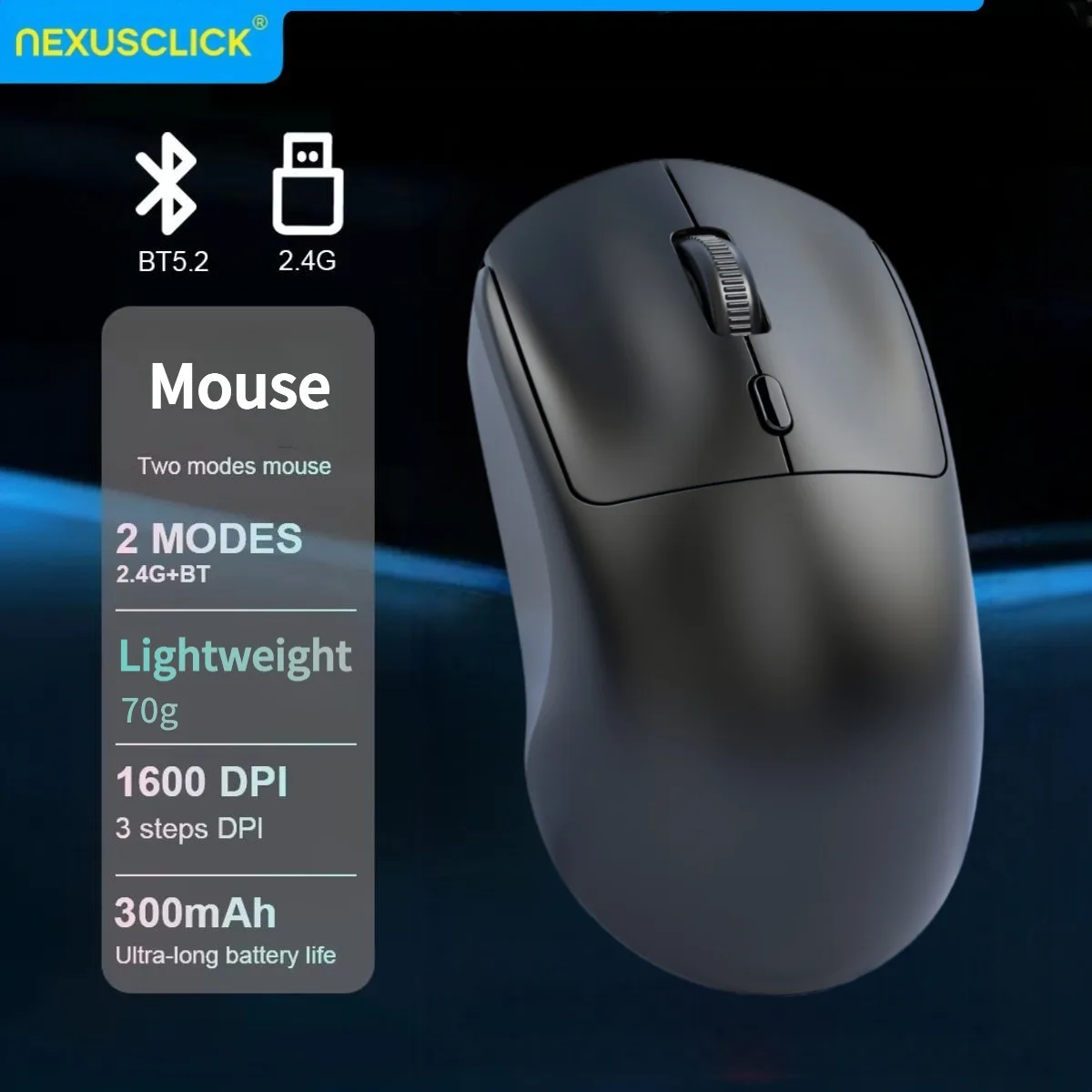 NexusClick Rechargeable Wireless Gaming Mouse, Silent Computer Mice with Bluetooth/USB receiver Mouse for Mac PC E-Sports Office